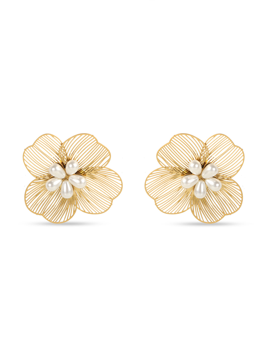 Golden Floral White Pearls Drop Earrings