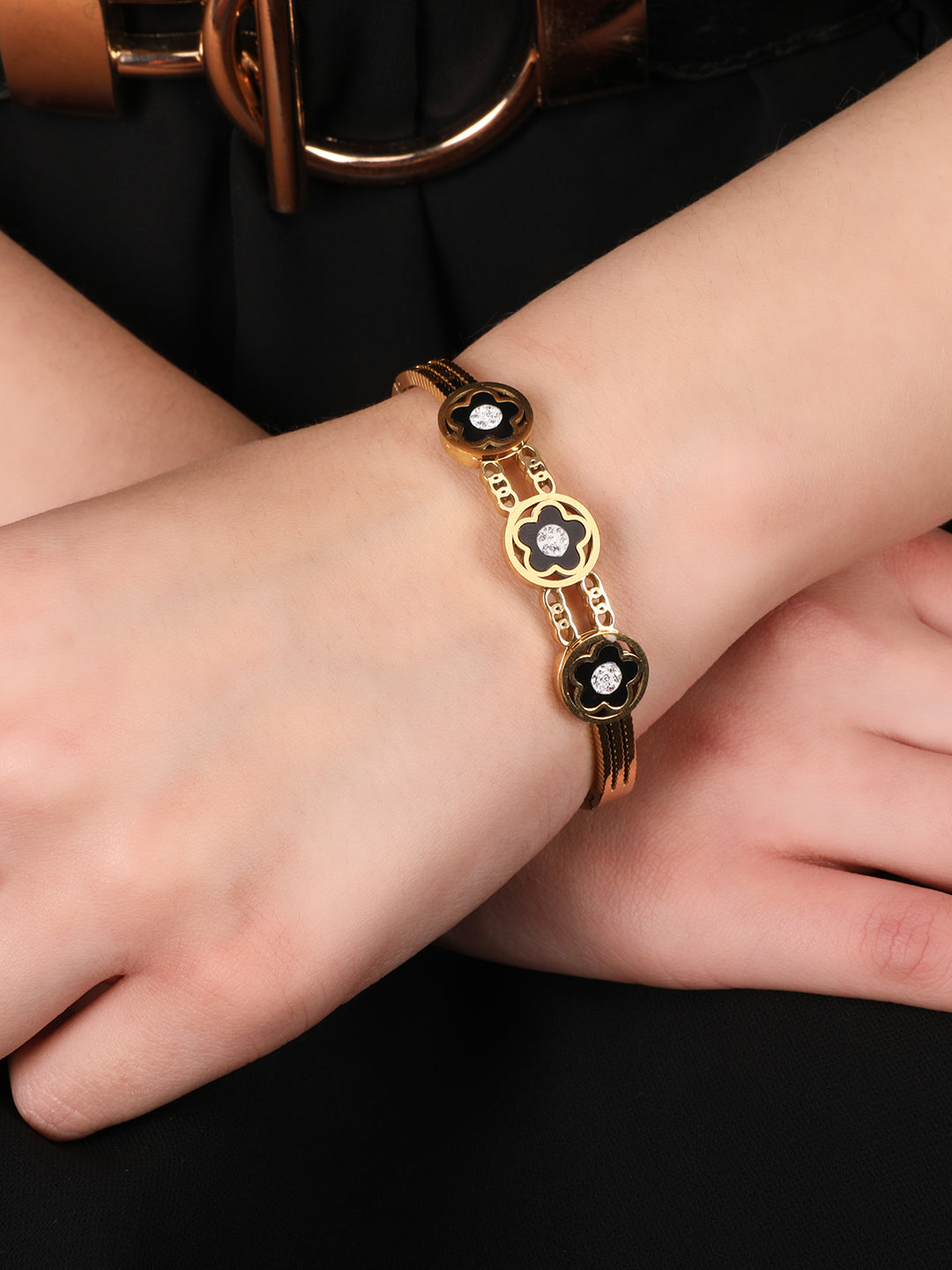 Kraze Golden Black Floral Charm Bracelet