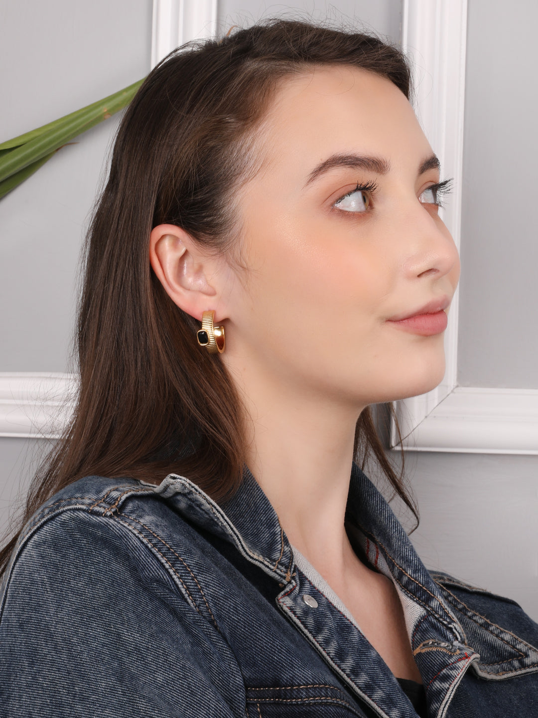 Gold Black Stone Hoop Earring