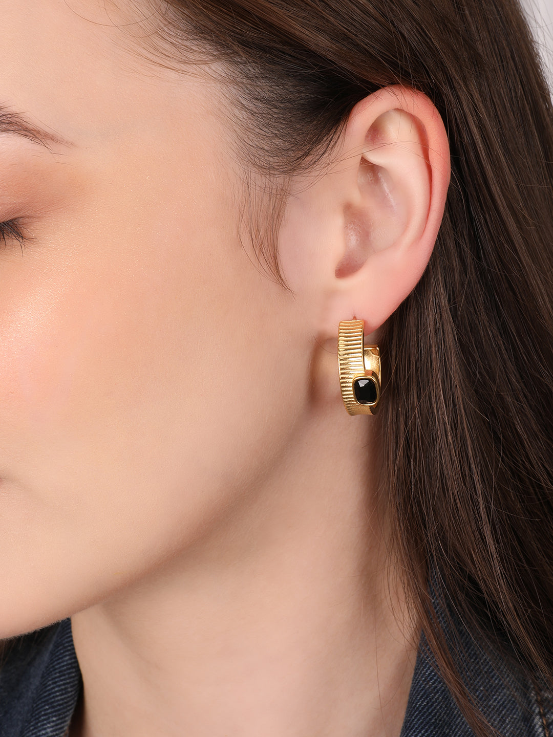 Gold Black Stone Hoop Earring