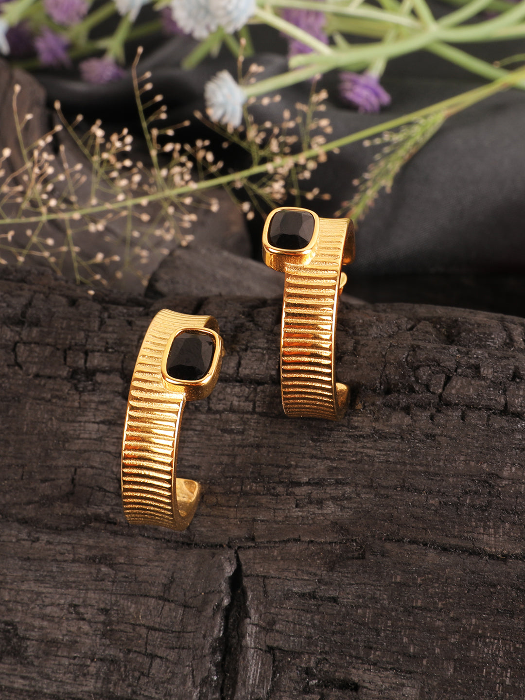 Gold Black Stone Hoop Earring