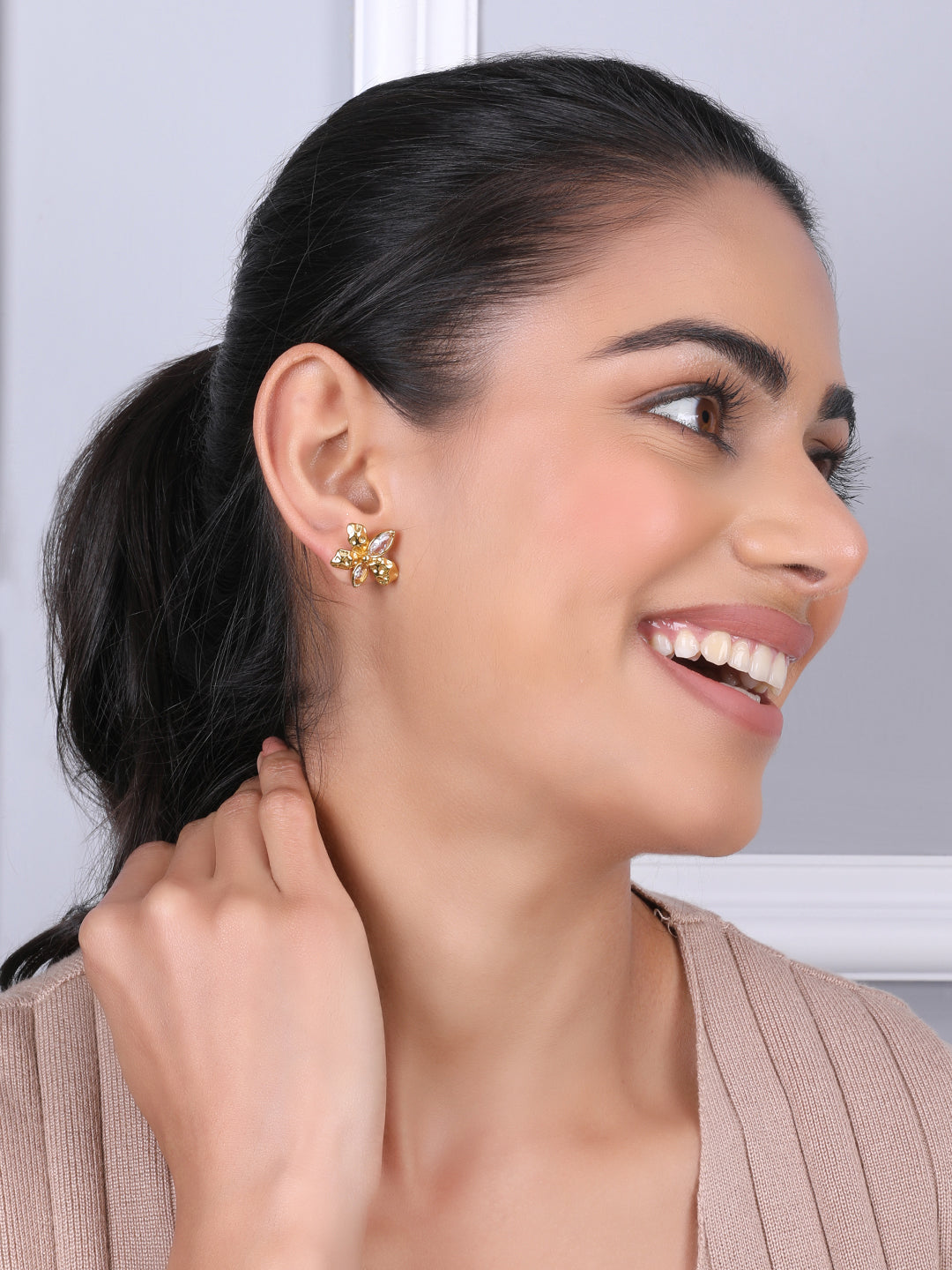 Kraze Golden Crystal Flower Earrings