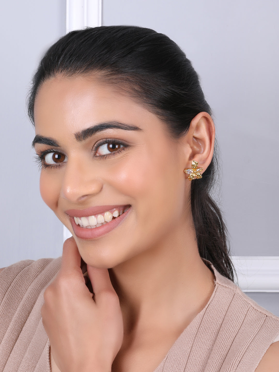 Kraze Golden Crystal Flower Earrings
