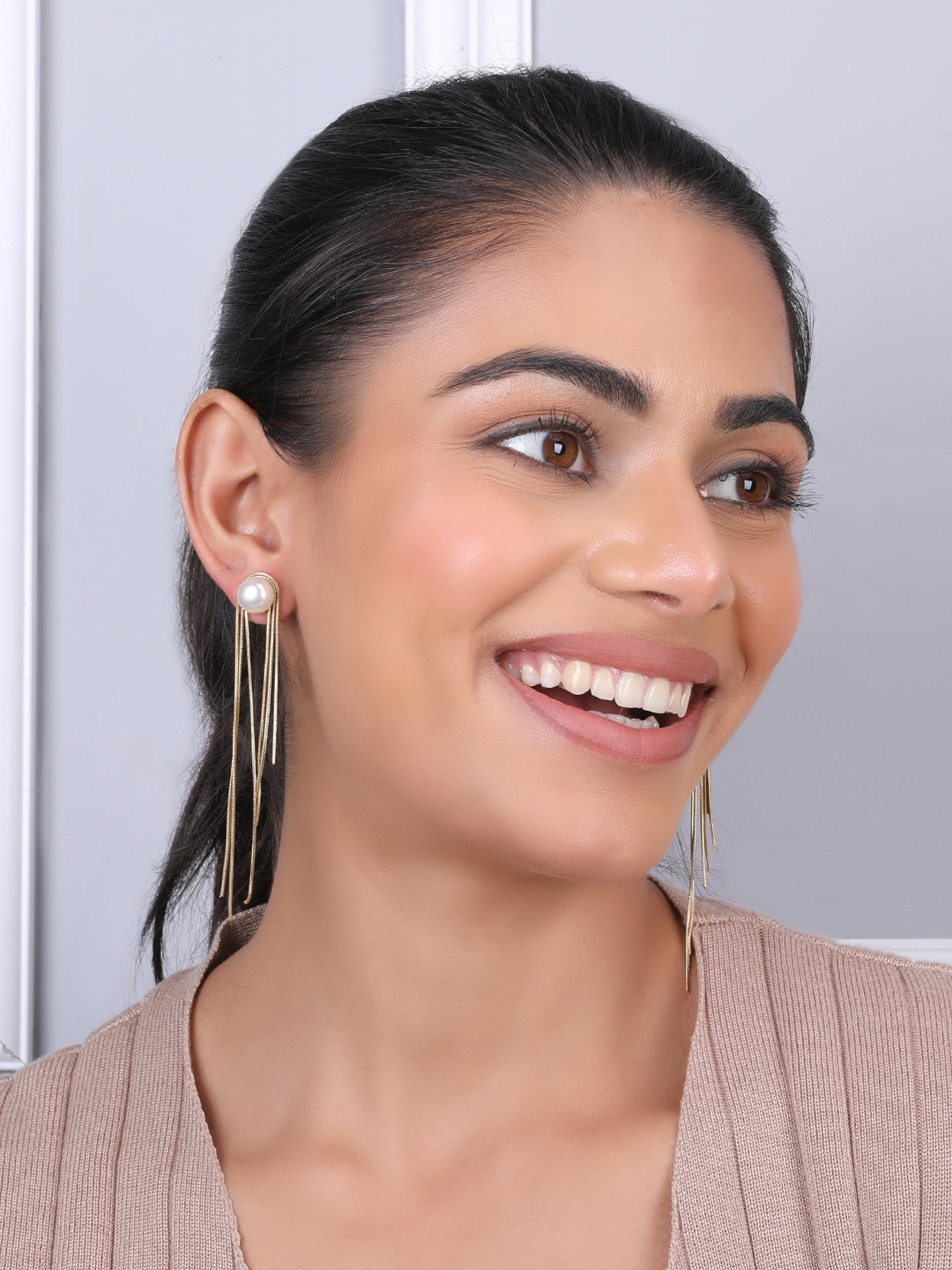 Kraze White Pearl & Golden Dangling Earrings