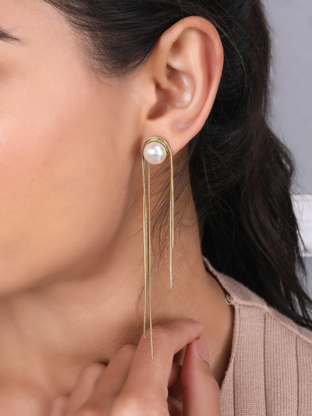 Kraze White Pearl & Golden Dangling Earrings