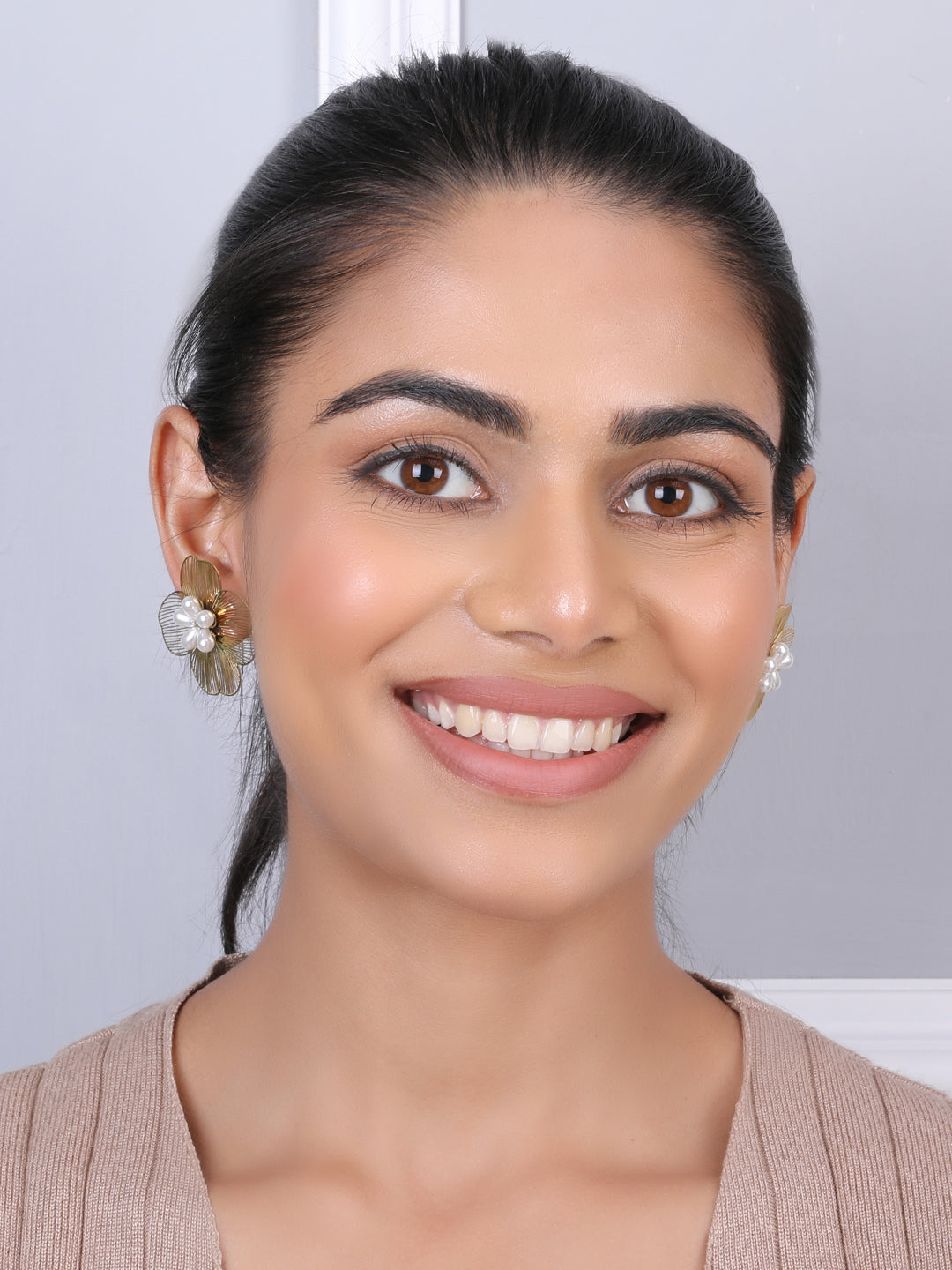 Golden Floral White Pearls Drop Earrings
