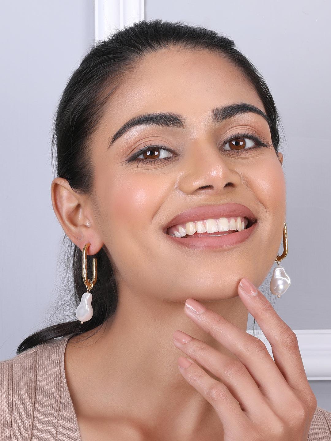 Kraze Gold-White Drop Hoop Earrings
