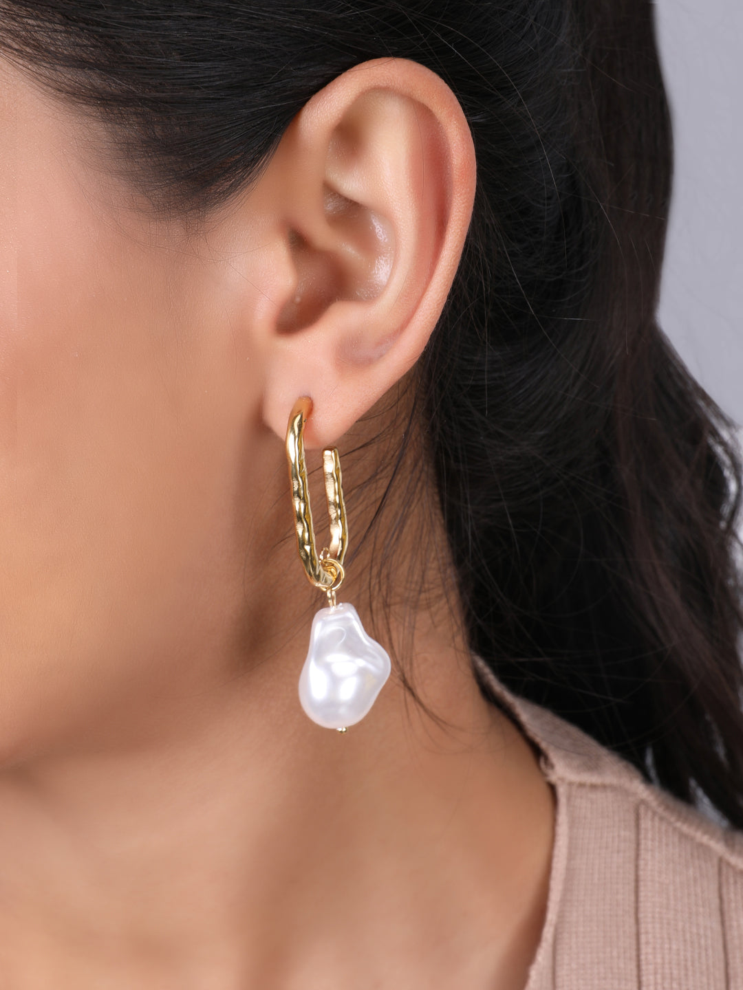 Kraze Gold-White Drop Hoop Earrings