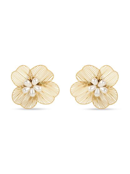 Golden Floral White Pearls Drop Earrings