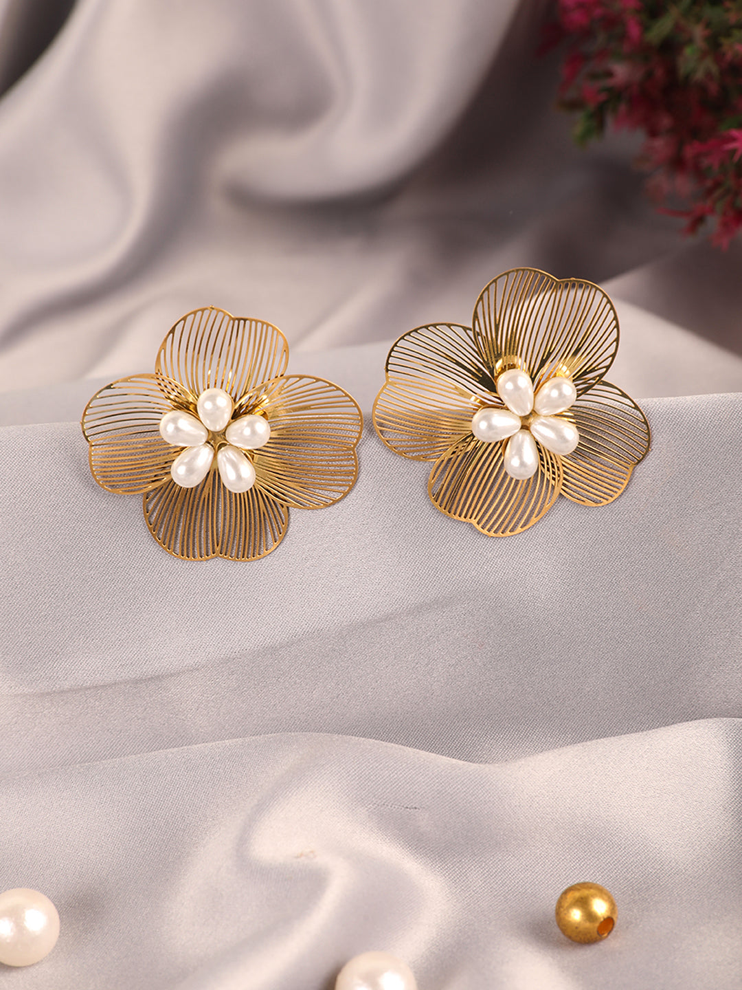 Golden Floral White Pearls Drop Earrings