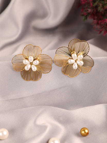 Golden Floral White Pearls Drop Earrings