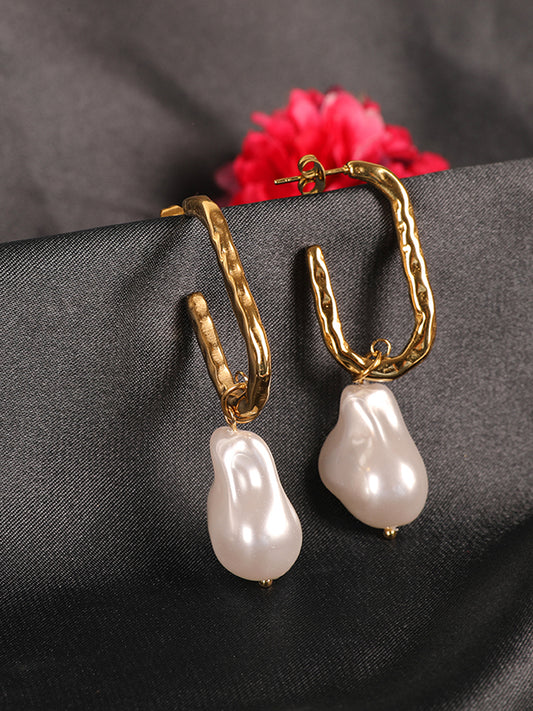 Kraze Gold-White Drop Hoop Earrings