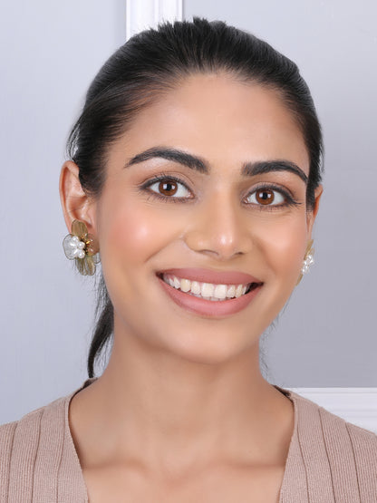 Golden Floral White Pearls Drop Earrings