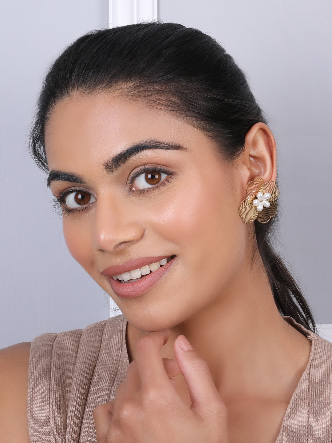 Golden Floral White Pearls Drop Earrings