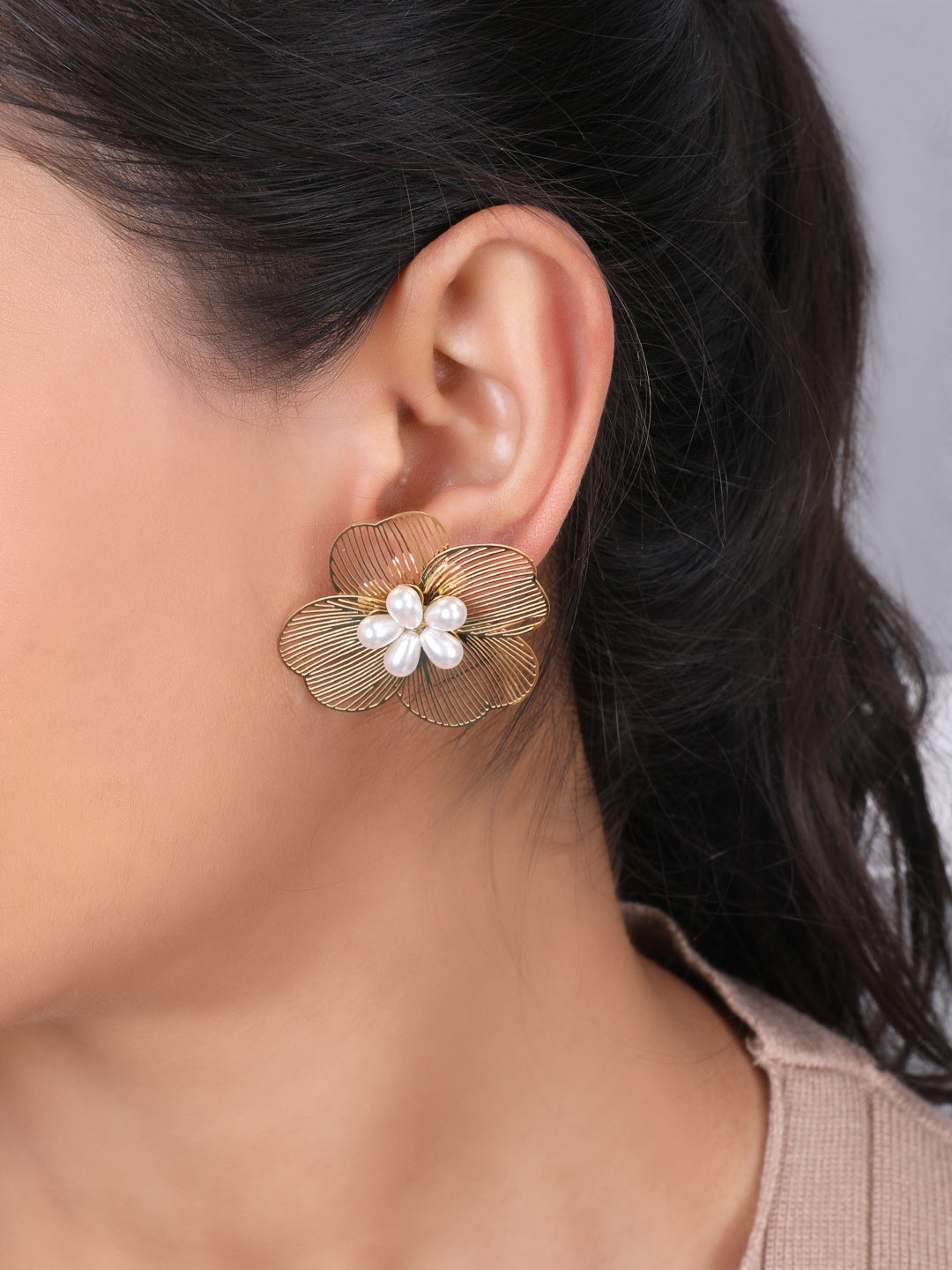 Golden Floral White Pearls Drop Earrings