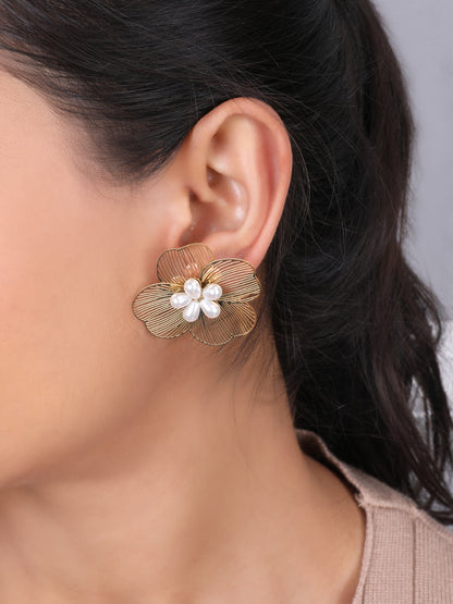 Golden Floral White Pearls Drop Earrings