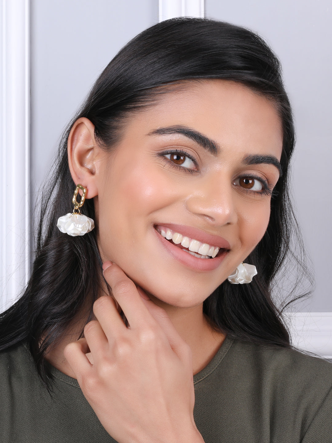 Kraze Golden White Floral Earrings