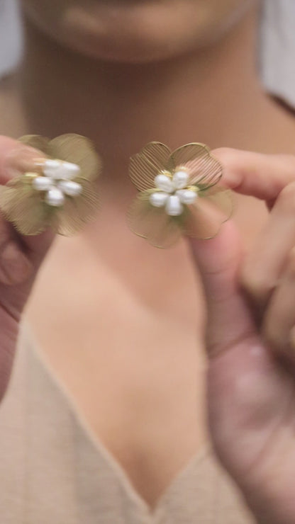 Golden Floral White Pearls Drop Earrings