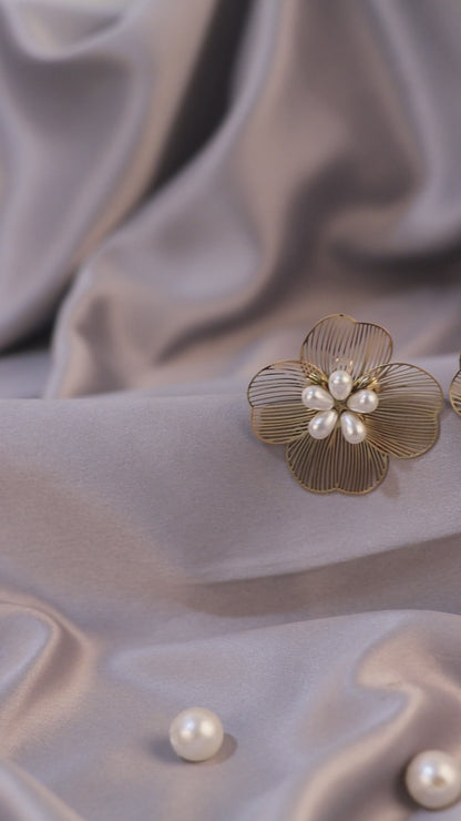 Golden Floral White Pearls Drop Earrings